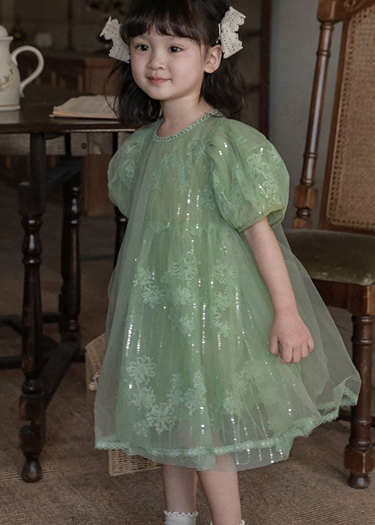Handmade Green Sequins Patchwork Tulle Kids Girls Dresses Puff Sleeve