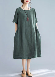 Handmade Green Solid Wrinkled Linen Vacation Dresses Short Sleeve