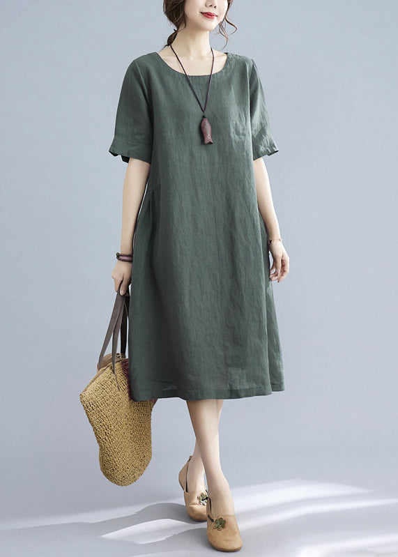 Handmade Green Solid Wrinkled Linen Vacation Dresses Short Sleeve