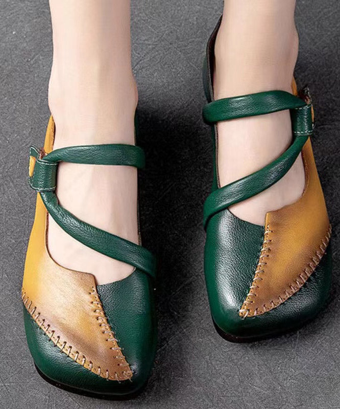Handmade Green Splicing Buckle Strap Flat Shoes
