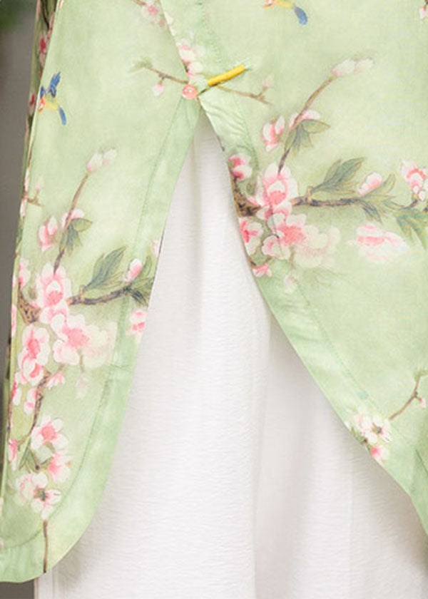 Handmade Green Stand Collar Asymmetrical Print Cotton Long Shirt Two Piece Set Short Sleeve