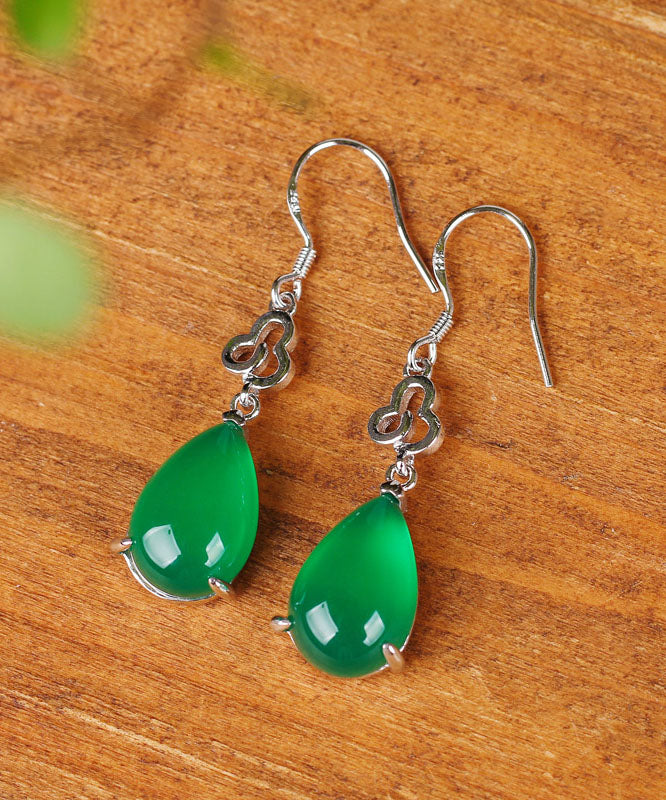 Handmade Green Sterling Silver Chalcedony Water Drop Drop Earrings