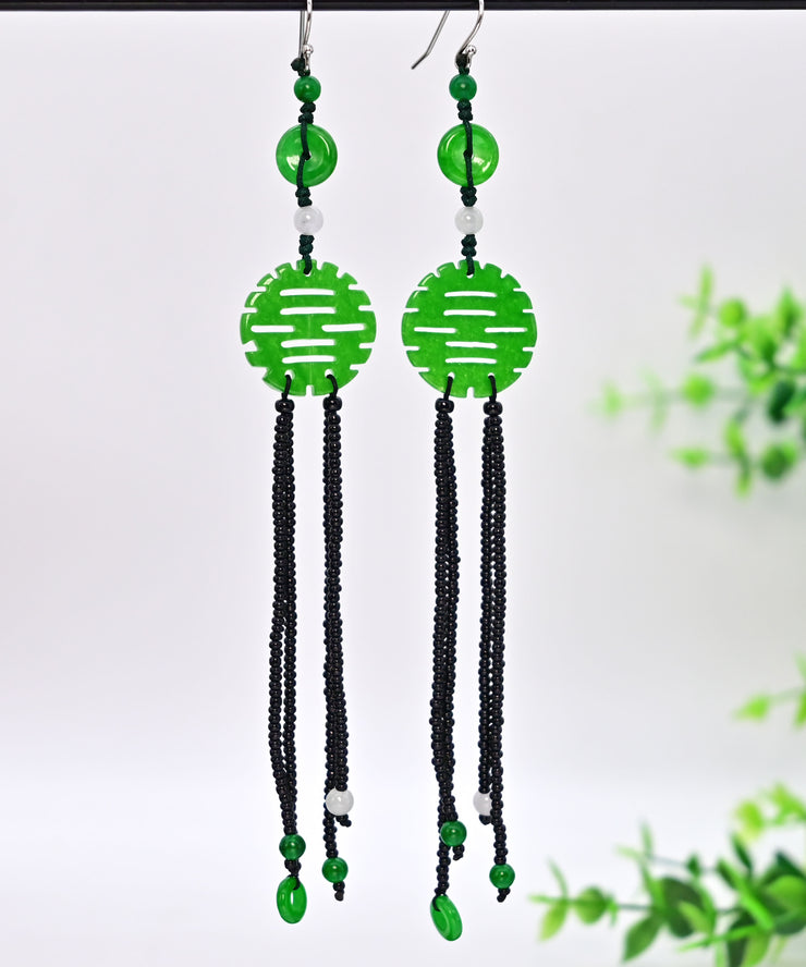 Handmade Green Sterling Silver Jade Tassel Glass Bea Drop Earrings