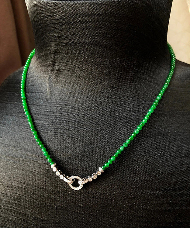 Handmade Green Sterling Silver Zircon Jade Beads Sweater Gratuated Bead Necklace