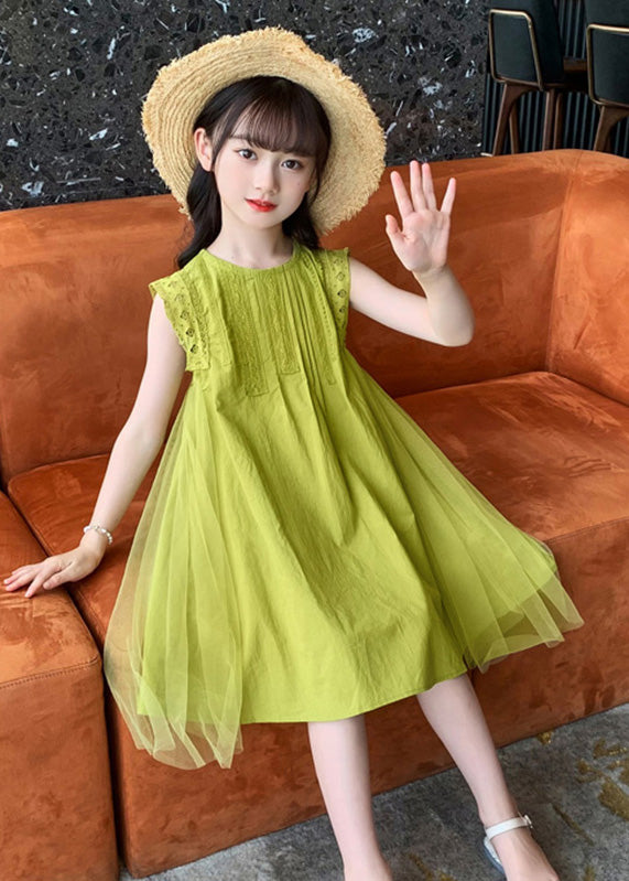 Handmade Green Tulle Patchwork Solid Cotton Kids Mid Dresses Sleeveless