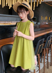 Handmade Green Tulle Patchwork Solid Cotton Kids Mid Dresses Sleeveless
