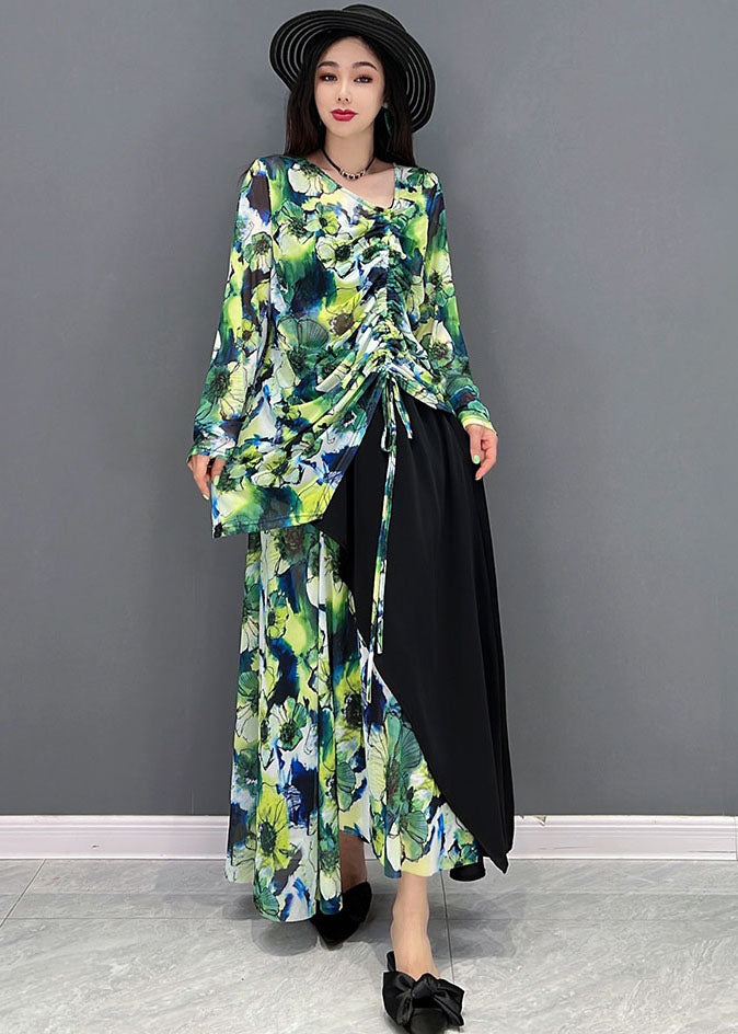 Handmade Green V Neck Asymmetrical Design Drawstring Patchwork Silk Two Pieces Set Long Sleeve