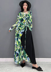 Handmade Green V Neck Asymmetrical Design Drawstring Patchwork Silk Two Pieces Set Long Sleeve