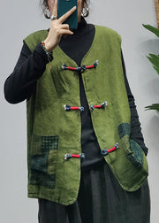 Handgemachte grüne Leinenweste mit V-Ausschnitt und Knopf Frühling
