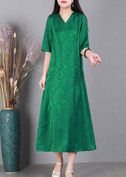 Handmade Green V Neck Jacquard 2022 Silk Long Dress Half Sleeve