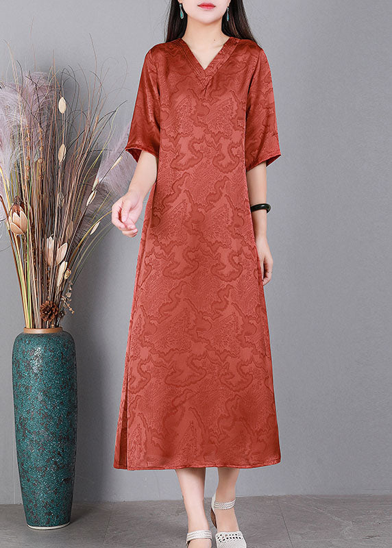 Handmade Green V Neck Jacquard 2024 Silk Long Dress Half Sleeve