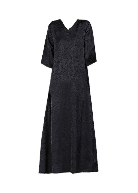 Handmade Green V Neck Jacquard 2024 Silk Long Dress Half Sleeve
