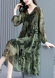 Handmade Green V Neck Patchwork Wrinkled Leopard Chiffon Long Dresses Long Sleeve
