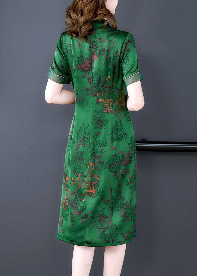 Handmade Green V Neck Print Slim Fit Silk Long Dress Summer
