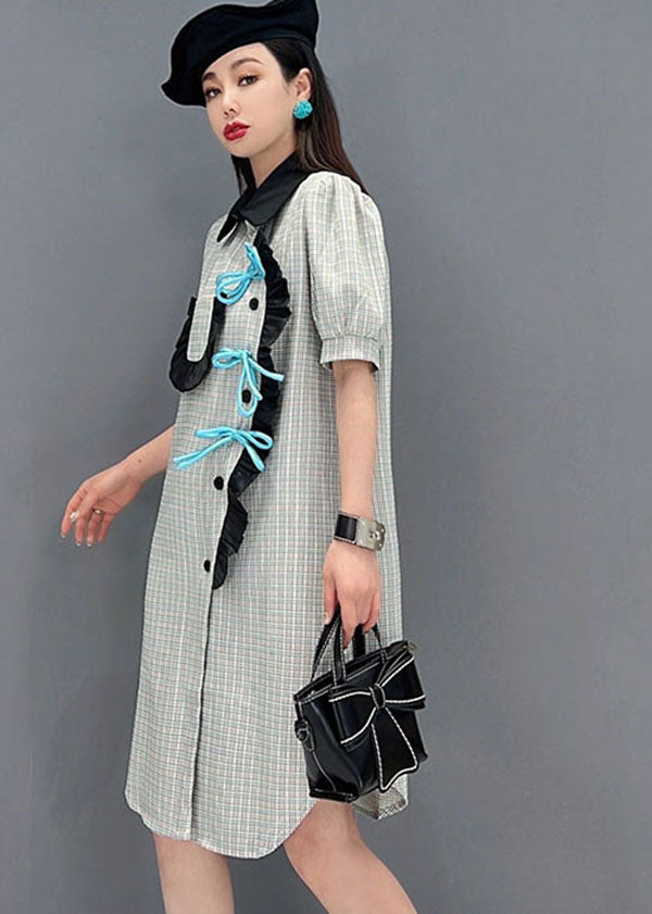 Handmade Grey Asymmetrical Design Ruffled Patchwork Plaid Robe Dresses Short Sleeve