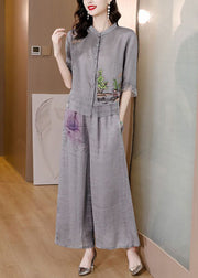 Handmade Grey Embroidered Patchwork Linen Two Pieces Set Summer