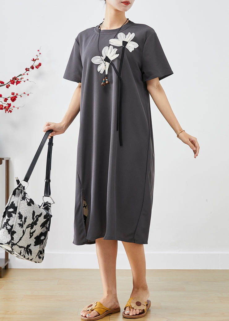 Handmade Grey Floral Side Open Cotton Dress Summer