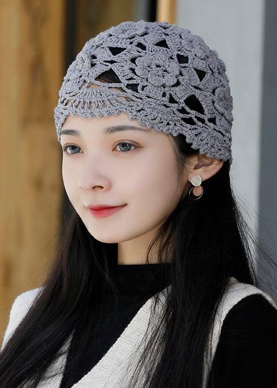 Handmade Grey Hollow Out Floral Knit Bonnie Hat