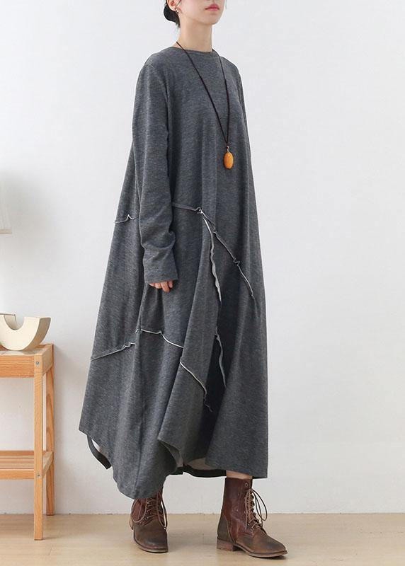 Handmade Grey Loose Asymmetrical Design Fall Long Sleeve Holiday Dress - SooLinen