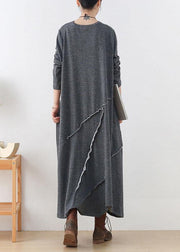 Handmade Grey Loose Asymmetrical Design Fall Long Sleeve Holiday Dress - SooLinen