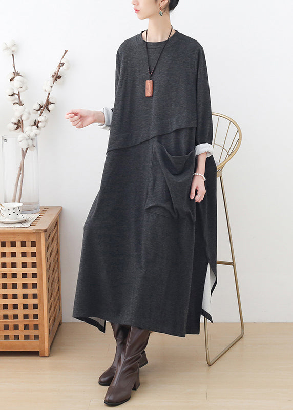 Handgemachtes graues O-Neck-Taschen-Patchwork-Seiten-offenes Baumwollkleid mit langen Ärmeln