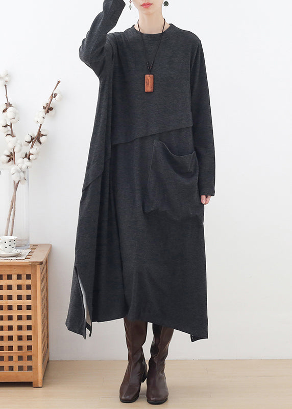 Handgemachtes graues O-Neck-Taschen-Patchwork-Seiten-offenes Baumwollkleid mit langen Ärmeln