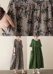 Handmade Grey O-Neck Print Cotton Maxi Dress Short Sleeve