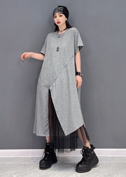 Handgemachte graue Tüll-Patchwork-Baumwoll-Streetwear-Kleider mit kurzen Ärmeln