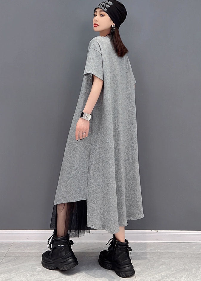 Handmade Grey O-Neck Tulle Patchwork Cotton Streetwear Dresses Short Sleeve