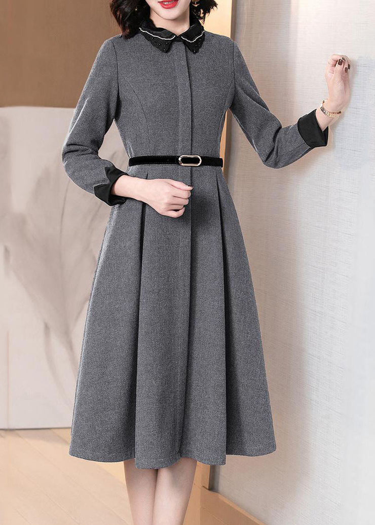 Handmade Grey Turn-down Collar Exra Large Hem Cotton Dresses Long Sleeve