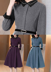 Handmade Grey Turn-down Collar Exra Large Hem Cotton Dresses Long Sleeve