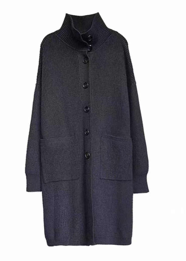 Handmade Grey Turtleneck Pockets Button Cozy Cotton Knit Sweaters Coats Long Sleeve