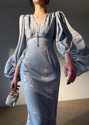 Handmade Grey V Neck Print Silk Maxi Dresses Lantern Sleeve