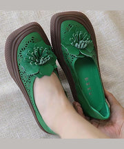 Handmade Hollow Out Floral Green Cowhide Leather Flats Shoes
