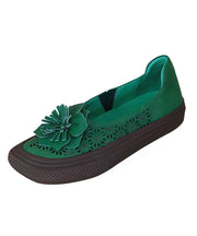 Handmade Hollow Out Floral Green Cowhide Leather Flats Shoes