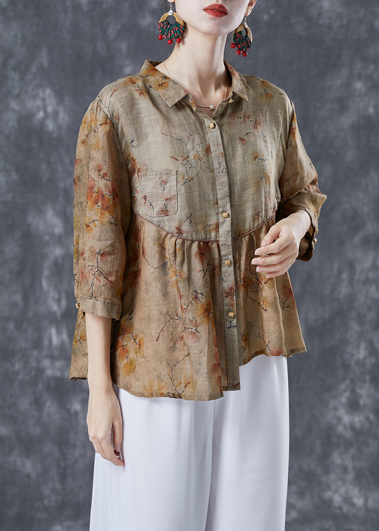Handmade Khaki Asymmetrical Patchwork Print Linen Shirt Tops Summer