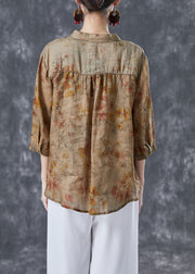 Handmade Khaki Asymmetrical Patchwork Print Linen Shirt Tops Summer