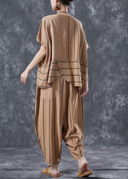 Handmade Khaki Asymmetrical Striped Linen Two Piece Set Women Clothing Summer