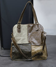 Handmade Khaki Colorblock Patchwork Calf Leather Satchel Handbag