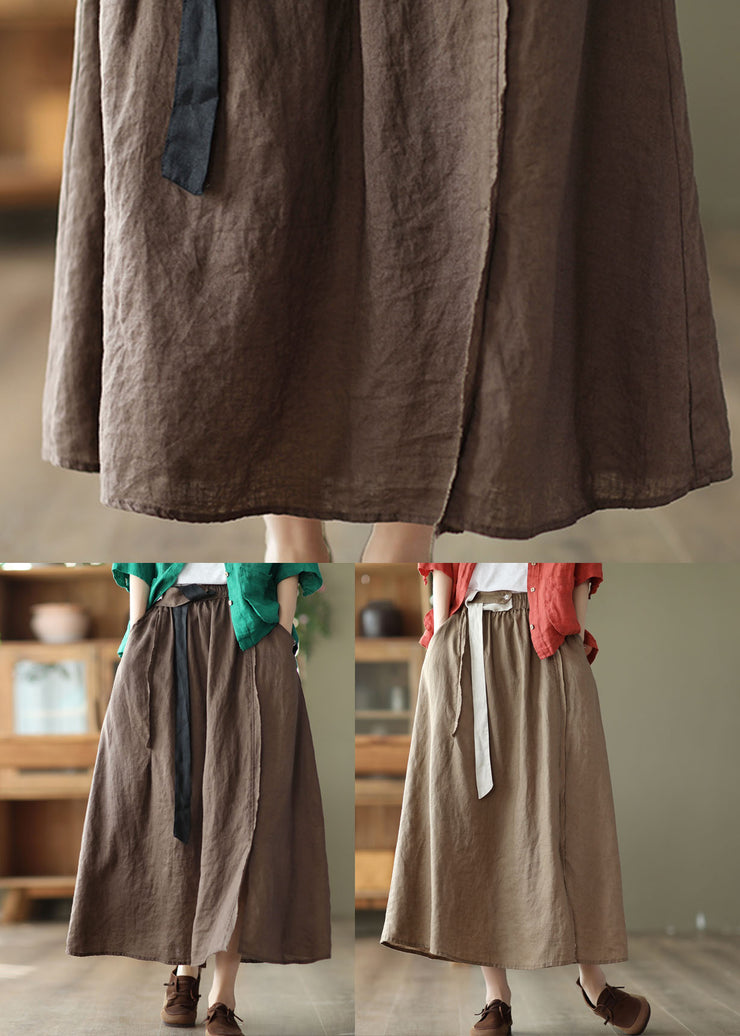 Handmade Khaki Elastic Waist Patchwork Linen Skirt Summer