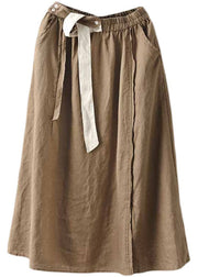 Handgefertigter Khaki-Patchwork-Leinenrock mit elastischer Taille Sommer