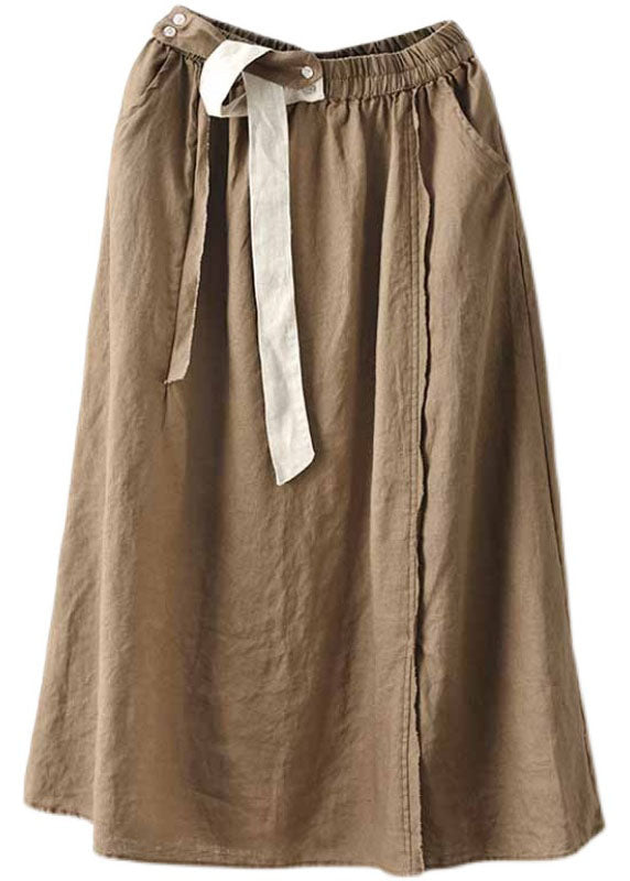 Handmade Khaki Elastic Waist Patchwork Linen Skirt Summer