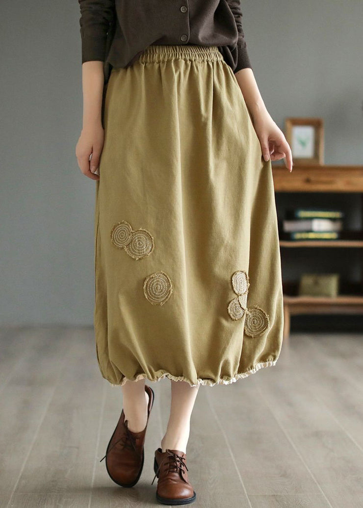 Handmade Khaki Embroidered Elastic Waist Patchwork Cotton Skirts Spring