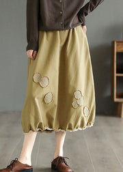 Handmade Khaki Embroidered Elastic Waist Patchwork Cotton Skirts Spring