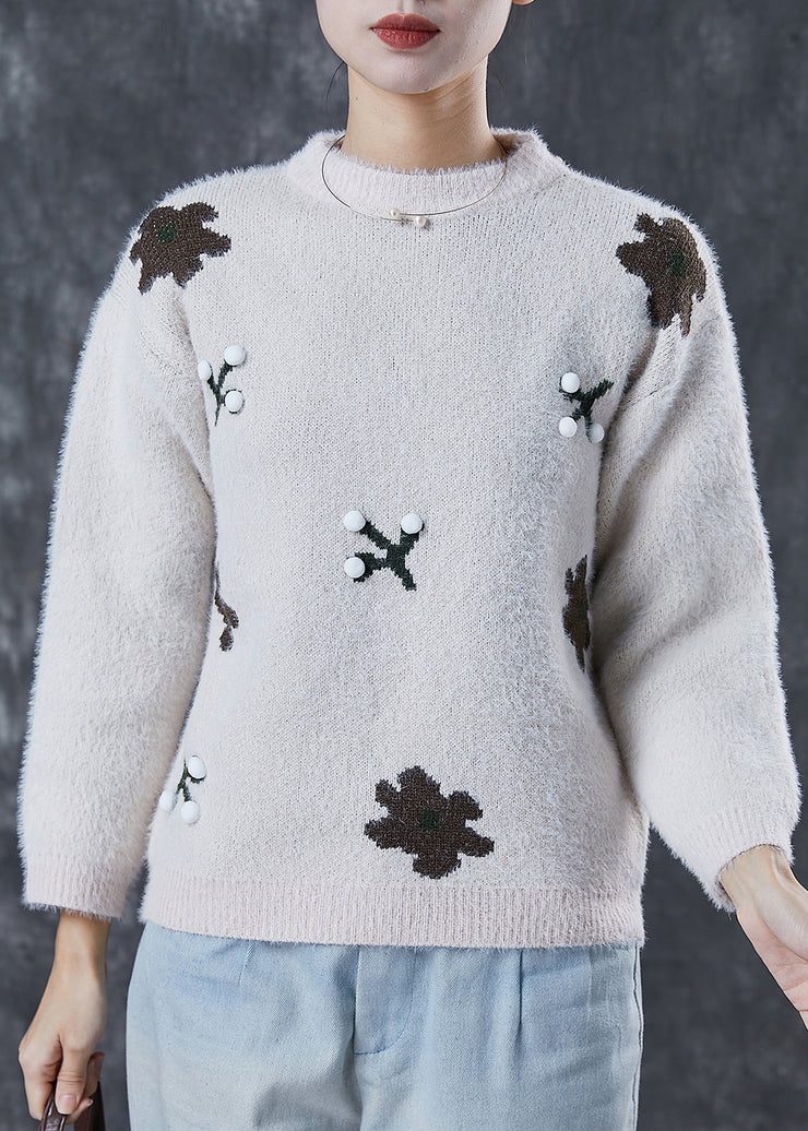 Handmade Khaki Fuzzy Ball Decorated Warm Knit Pullover Winter