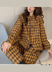 Handgemachte Khaki O-Neck Button Plaid Warm Fleece Zweiteiler Outfit Frühling