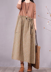 Handmade Khaki Patchwork Print Tunics For Women O Neck Plus Size Spring Dress - SooLinen