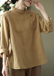Handgemachte Khaki Bubikragen asymmetrisches Design Baumwollhemden Langarm