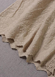Handmade Khaki Pockets Button Embroideried Fall wrinkled Maxi Dresses Long sleeve - SooLinen