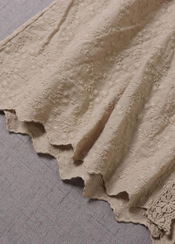 Handmade Khaki Pockets Button Embroideried Fall wrinkled Maxi Dresses Long sleeve - SooLinen